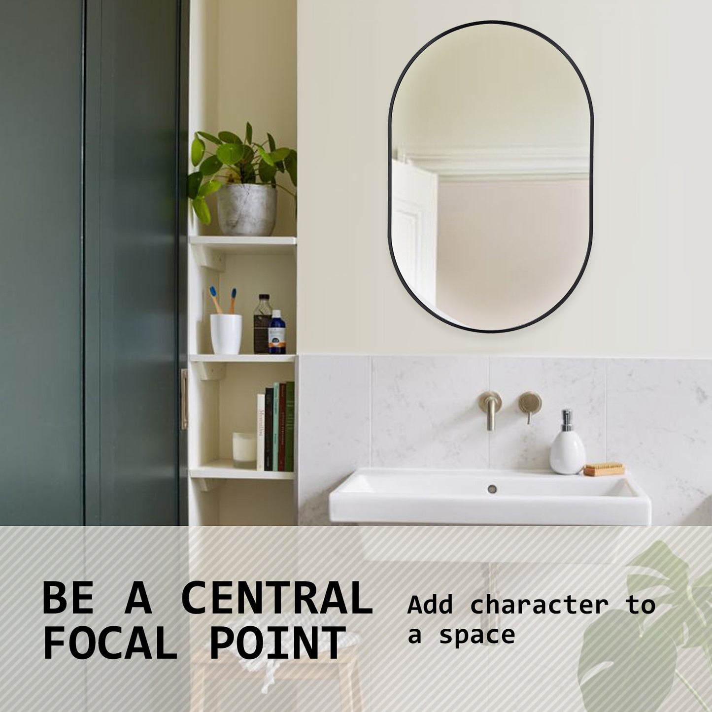 Wall Mirror Oval Aluminum Frame Bathroom 50x75cm BLACK - TRENDZ
