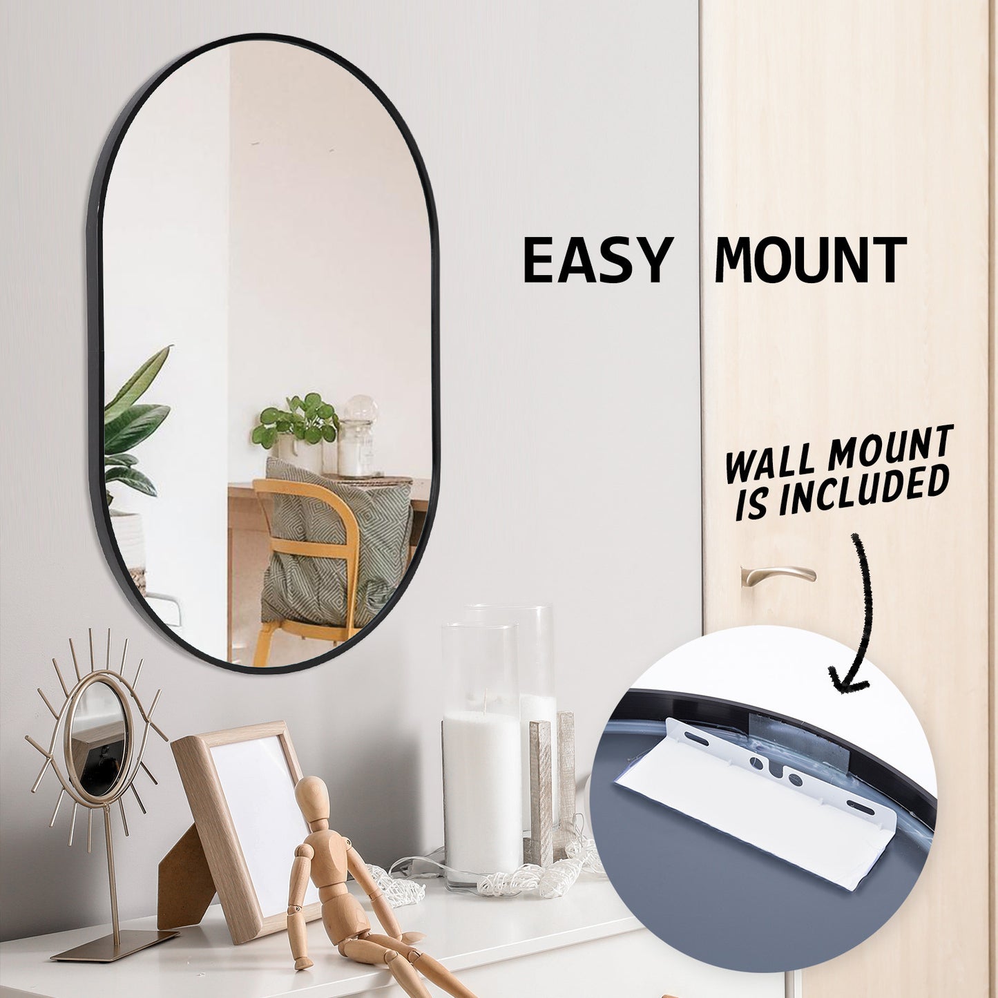 Wall Mirror Oval Aluminum Frame Bathroom 50x75cm BLACK - TRENDZ