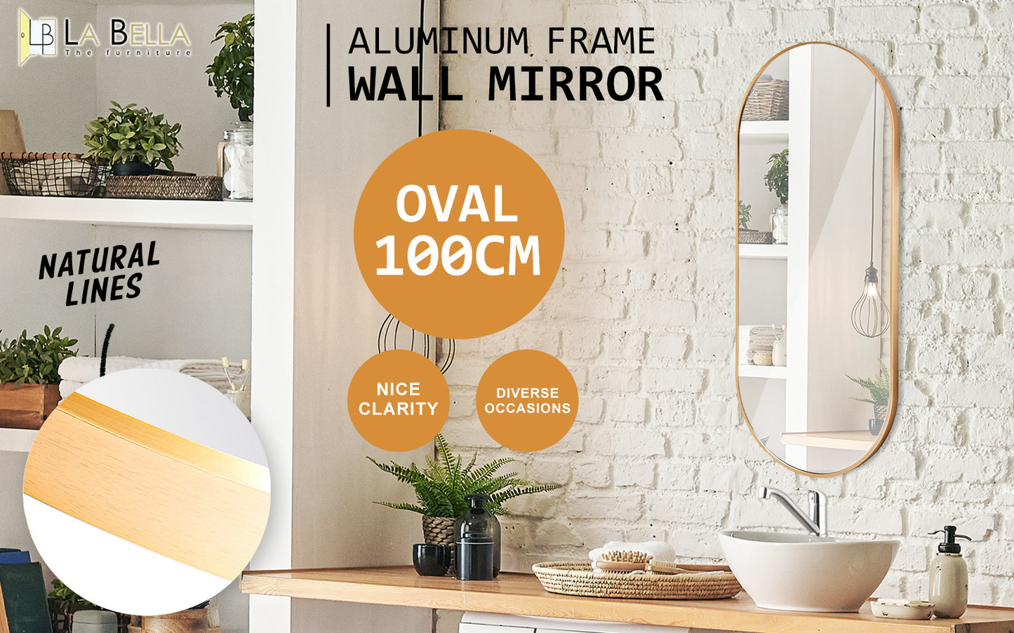 Wall Mirror Oval Aluminum Frame Bathroom 45x100cm GOLD - TRENDZ