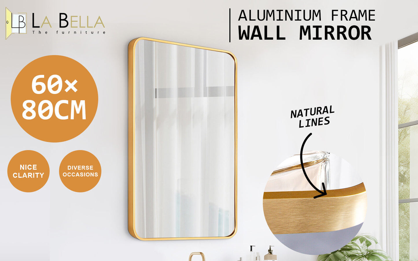 Wall Mirror Rectangular Aluminum Frame Bathroom 60x80cm GOLD - TRENDZ