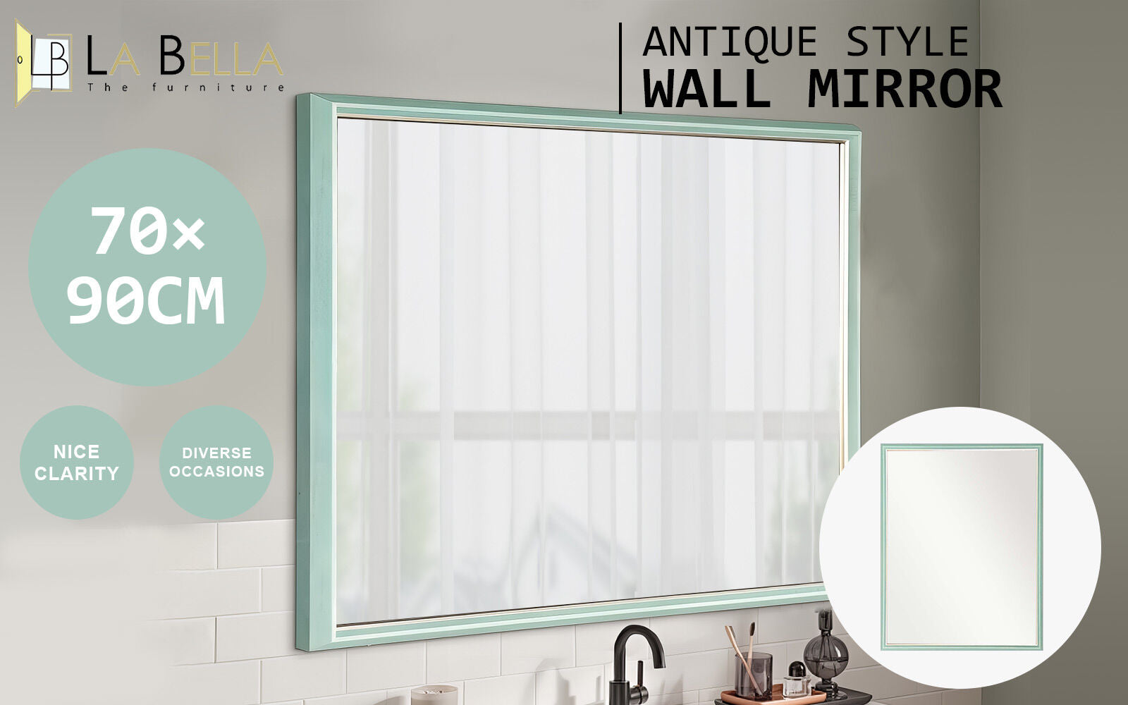 Wall Mirror Rectangular Frame Bathroom 70x90cm Turquoise - TRENDZ