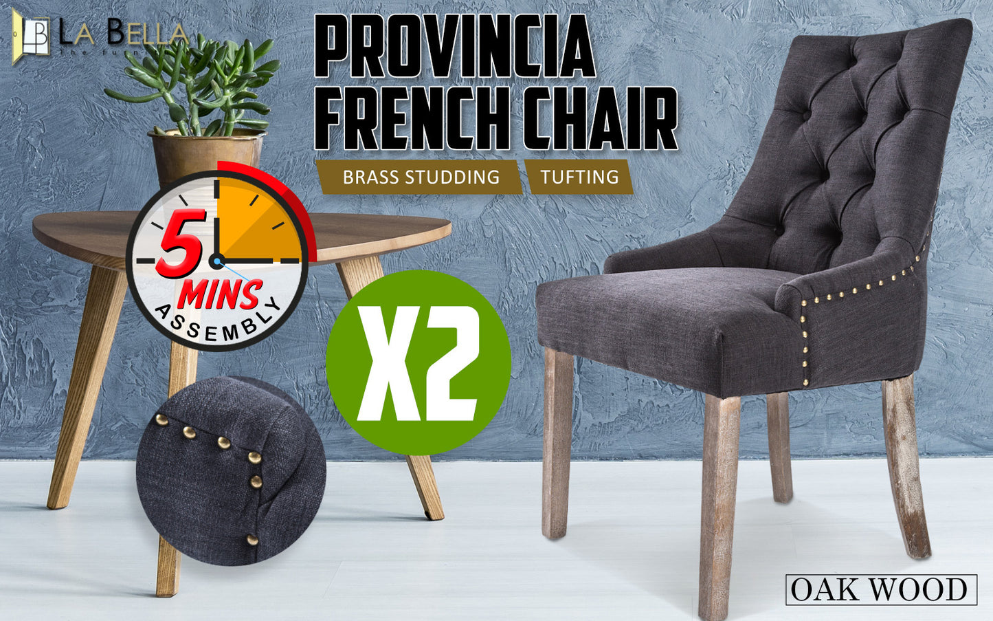 2X French Provincial Dining Chair Oak Leg AMOUR BLACK - TRENDZ