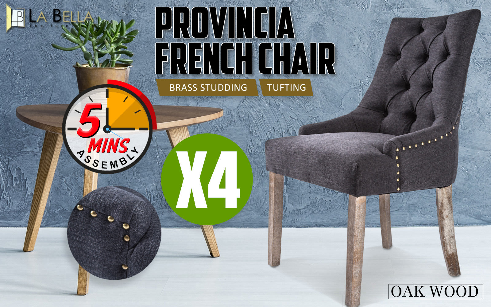 4X French Provincial Dining Chair Oak Leg AMOUR BLACK - TRENDZ
