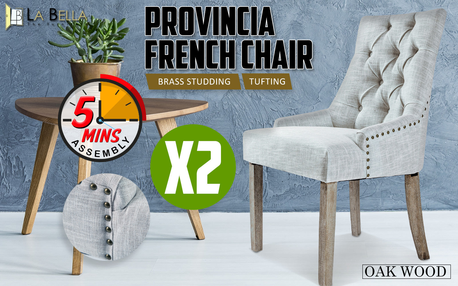 2X French Provincial Dining Chair Oak Leg AMOUR GREY - TRENDZ