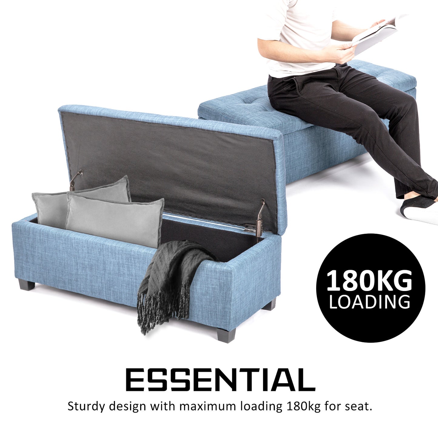 Storage Ottoman Stool 102cm Fabric LIGHT GREY BLUE - TRENDZ