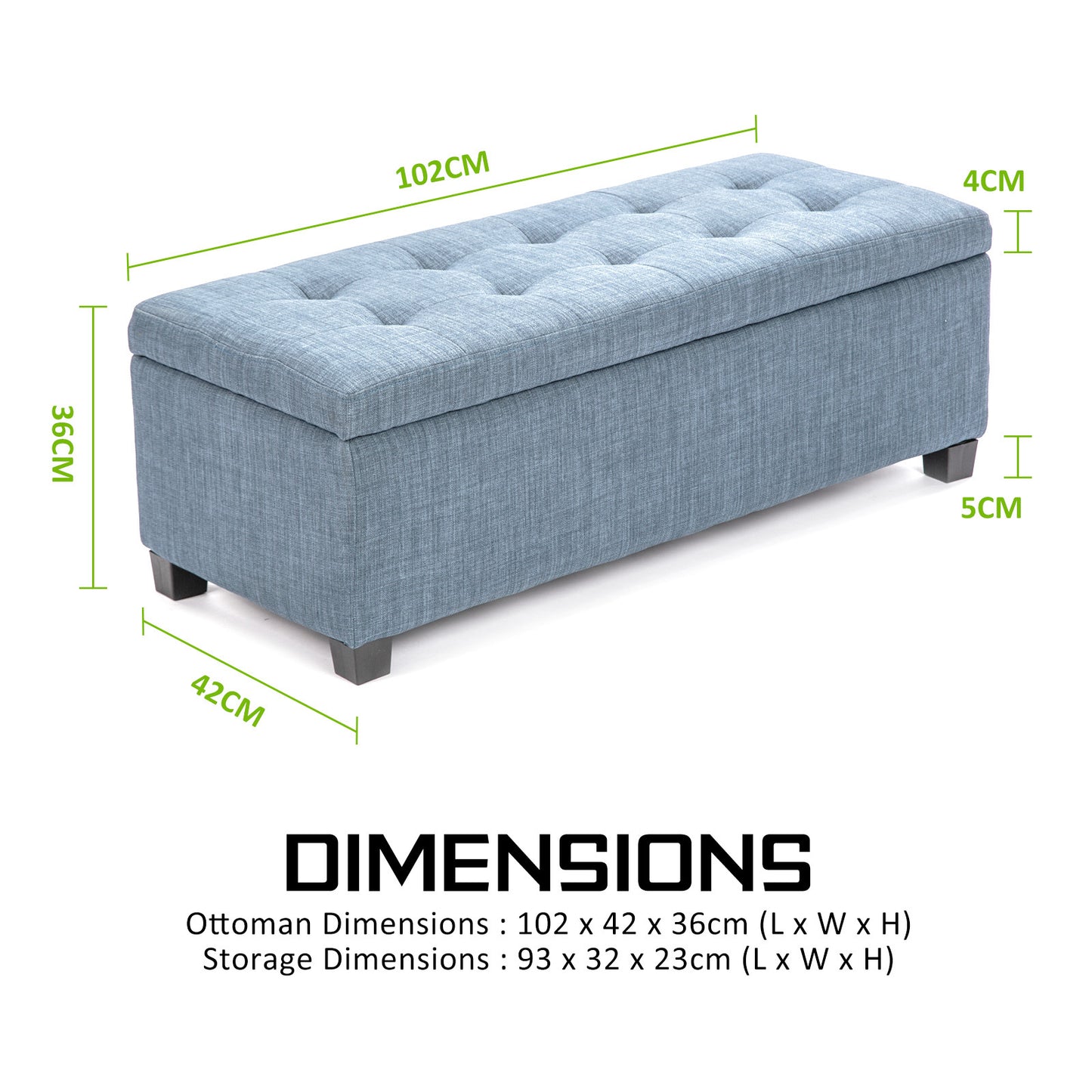 Storage Ottoman Stool 102cm Fabric LIGHT GREY BLUE - TRENDZ