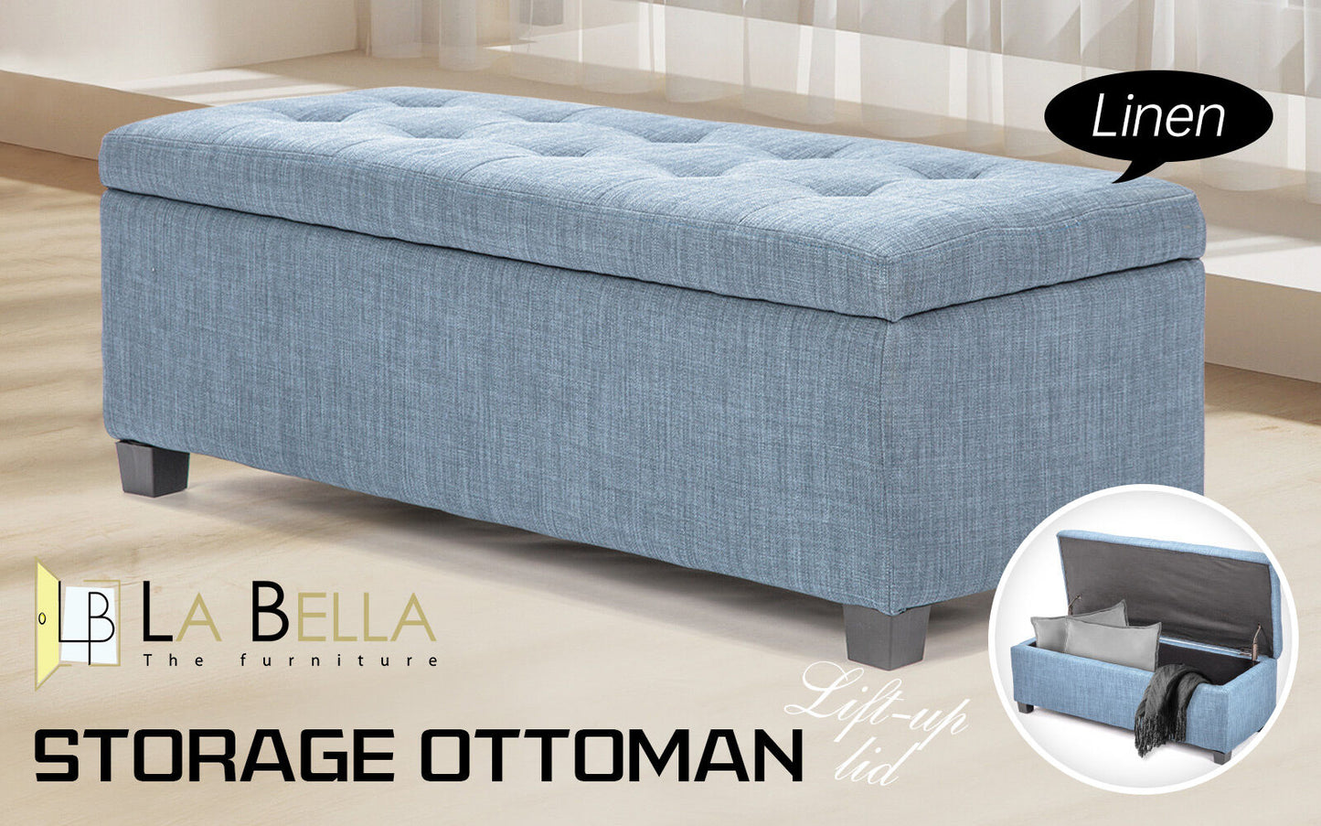Storage Ottoman Stool 102cm Fabric LIGHT GREY BLUE - TRENDZ