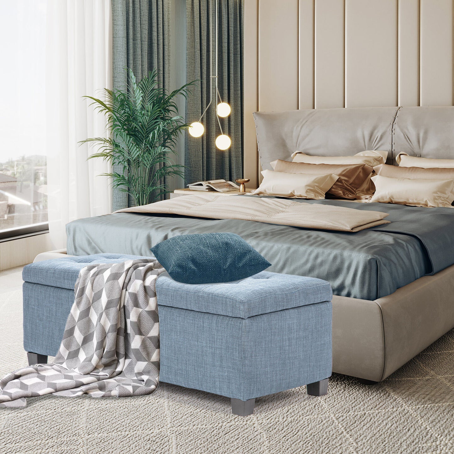 Storage Ottoman Stool 102cm Fabric LIGHT GREY BLUE - TRENDZ