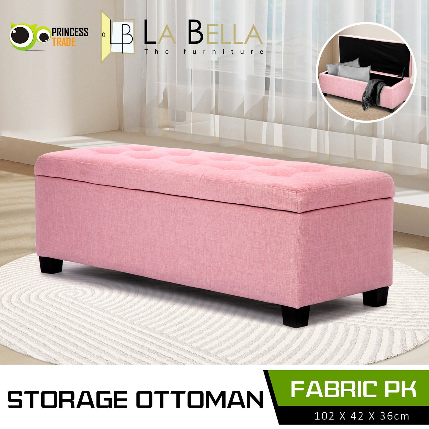 Storage Ottoman Stool 102cm Fabric PINK - TRENDZ