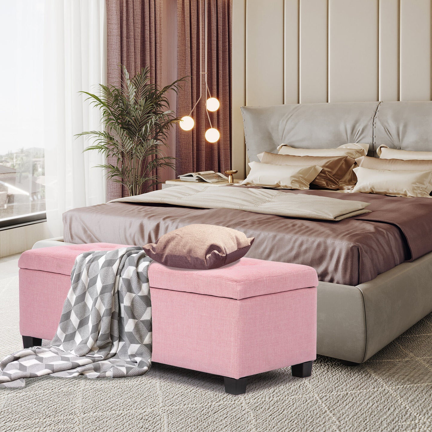 Storage Ottoman Stool 102cm Fabric PINK - TRENDZ