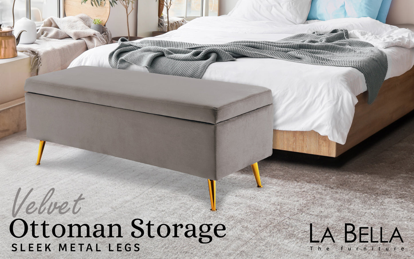 Storage Ottoman Stool Bench Seat 110cm Velvet GREY - TRENDZ