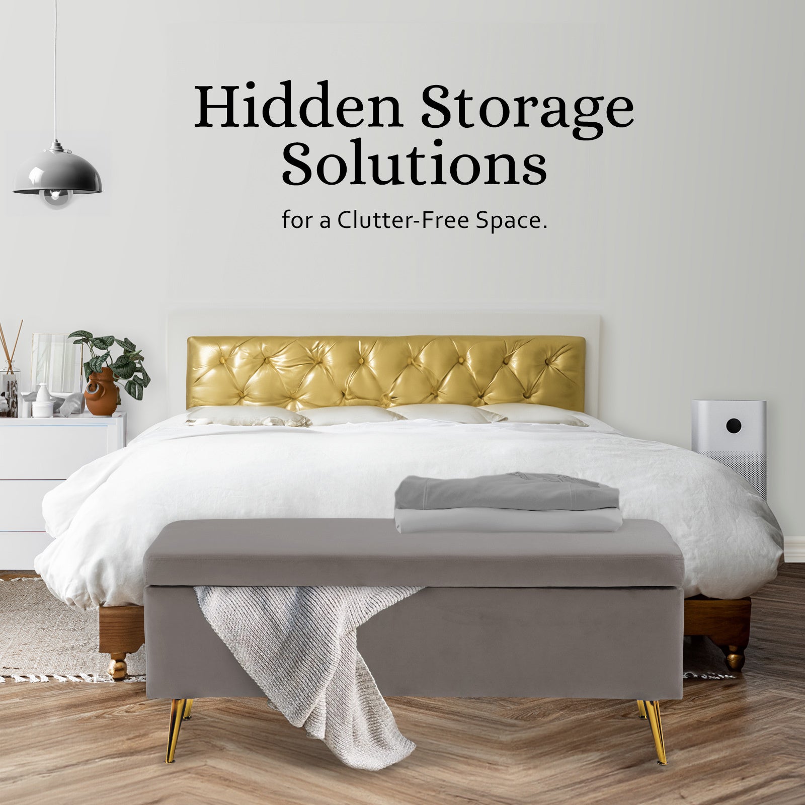 Storage Ottoman Stool Bench Seat 110cm Velvet GREY - TRENDZ