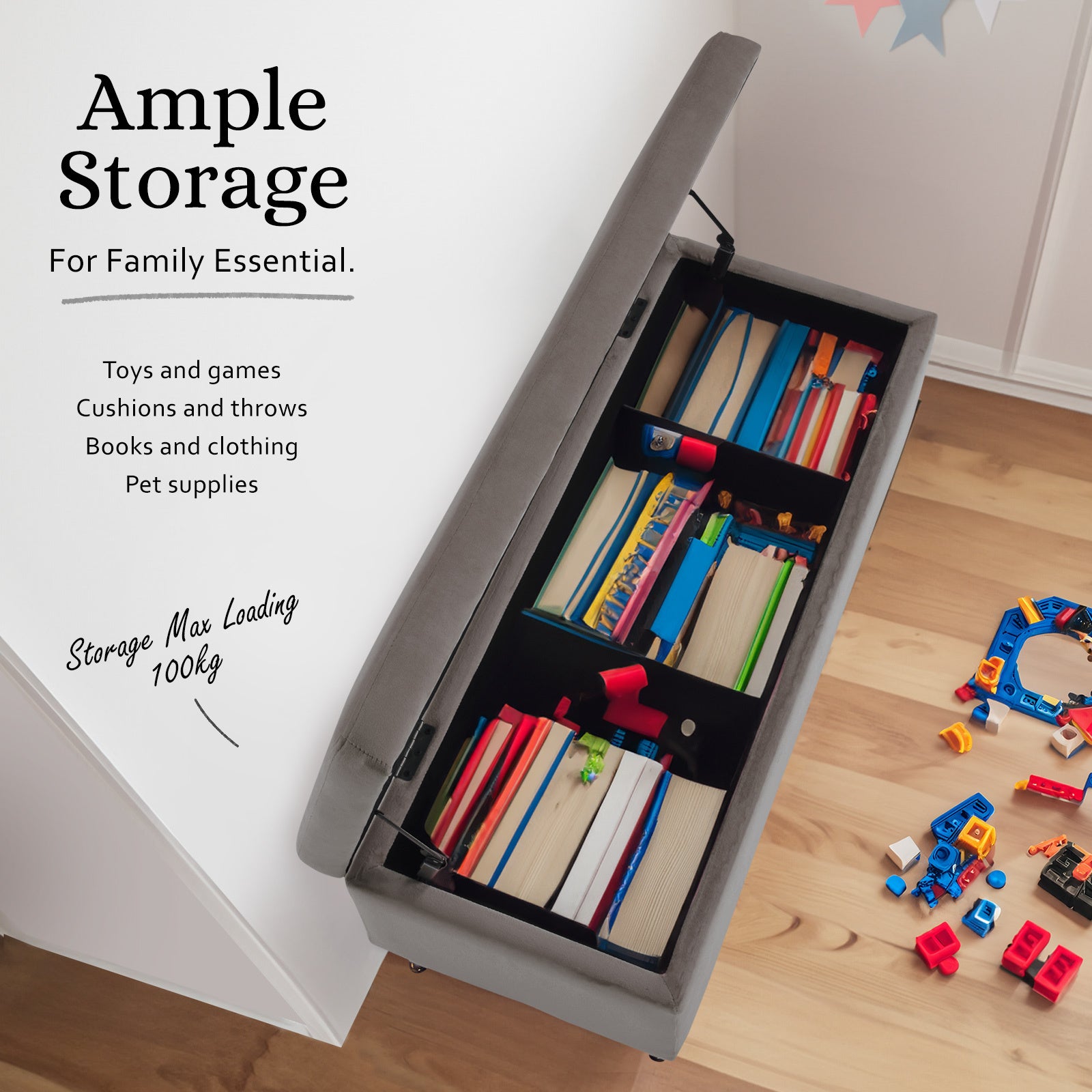 Storage Ottoman Stool Bench Seat 110cm Velvet GREY - TRENDZ