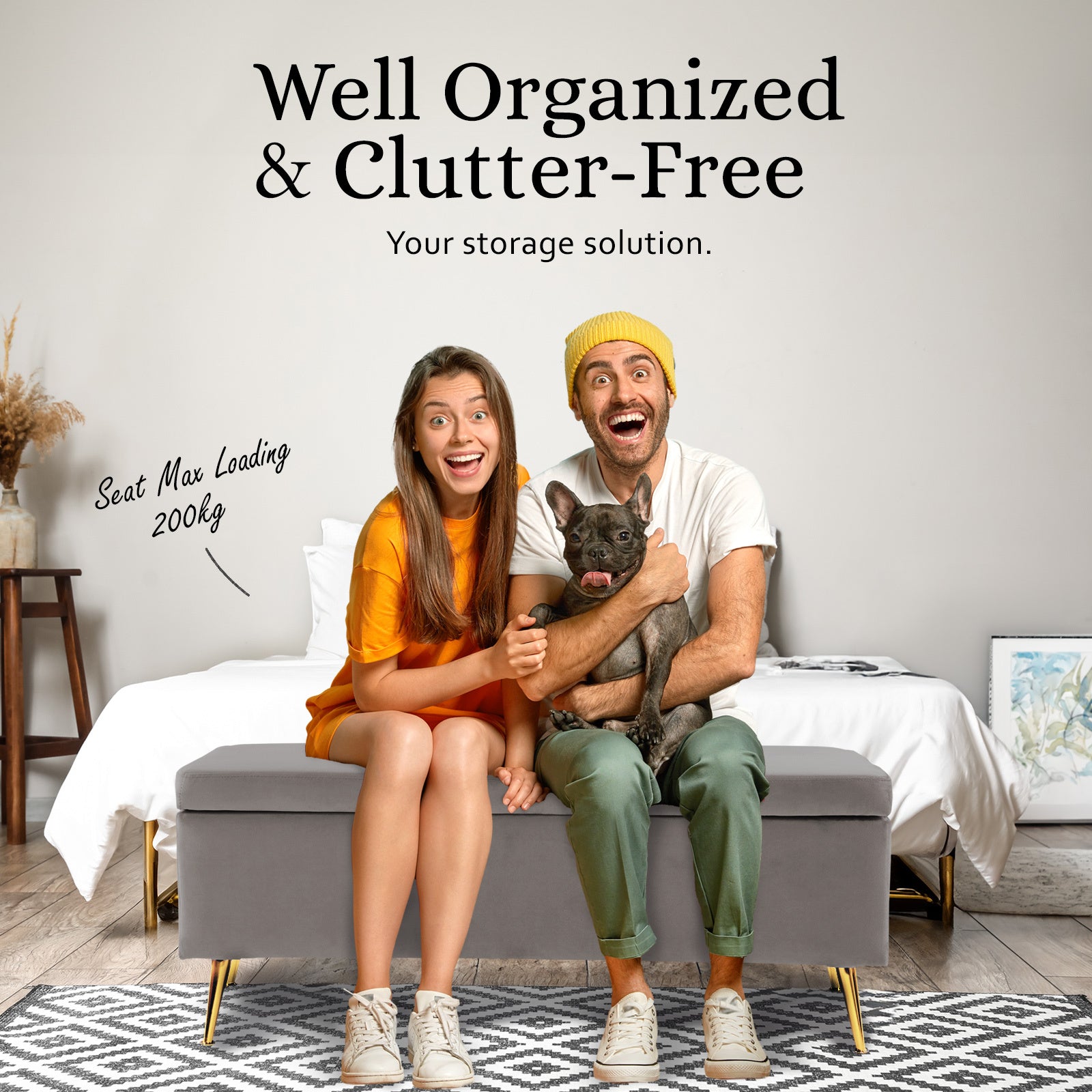 Storage Ottoman Stool Bench Seat 110cm Velvet GREY - TRENDZ