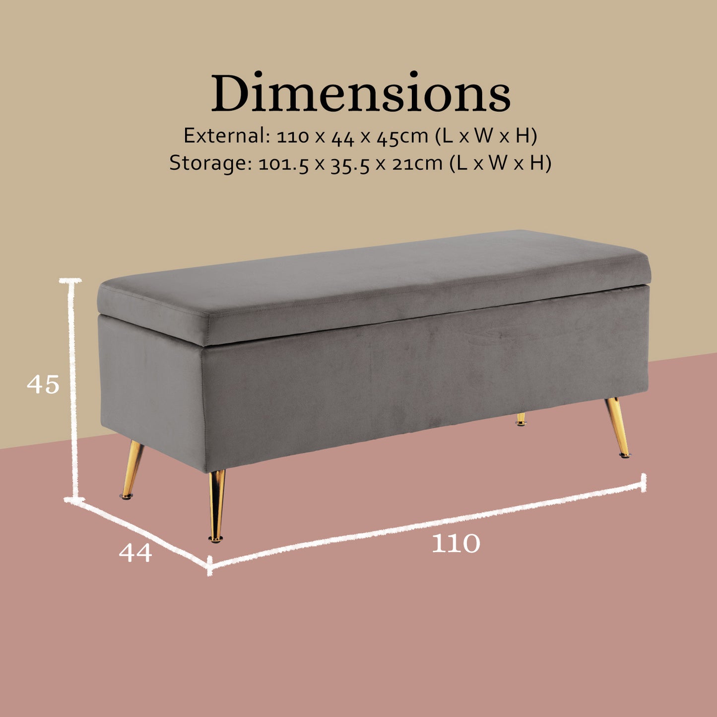 Storage Ottoman Stool Bench Seat 110cm Velvet GREY - TRENDZ