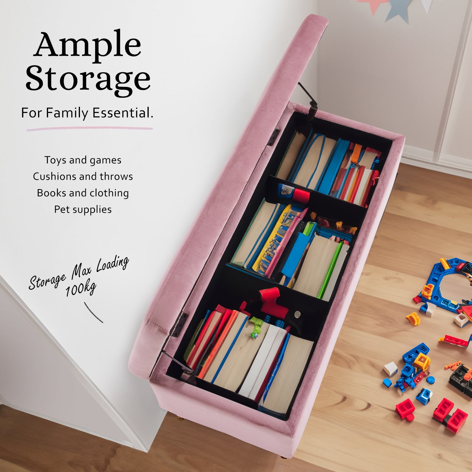 Storage Ottoman Stool Bench Seat 110cm Velvet PINK - TRENDZ