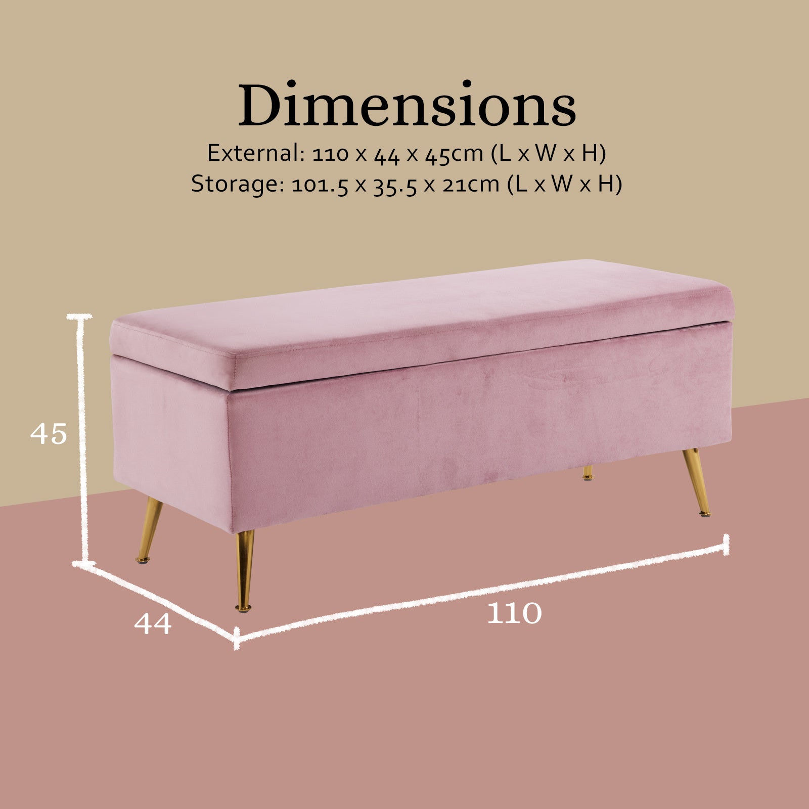 Storage Ottoman Stool Bench Seat 110cm Velvet PINK - TRENDZ