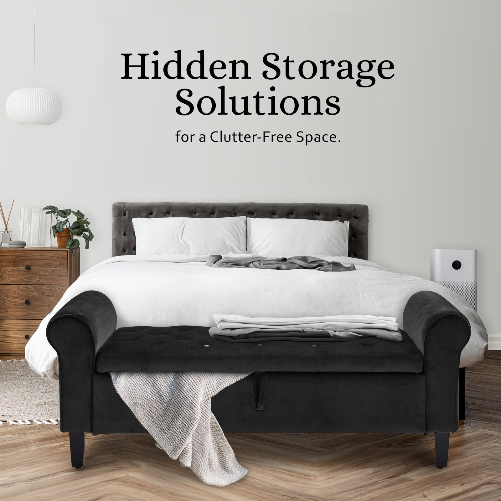 Storage Ottoman Stool Arm Bench Seat 132cm Velvet BLACK - TRENDZ