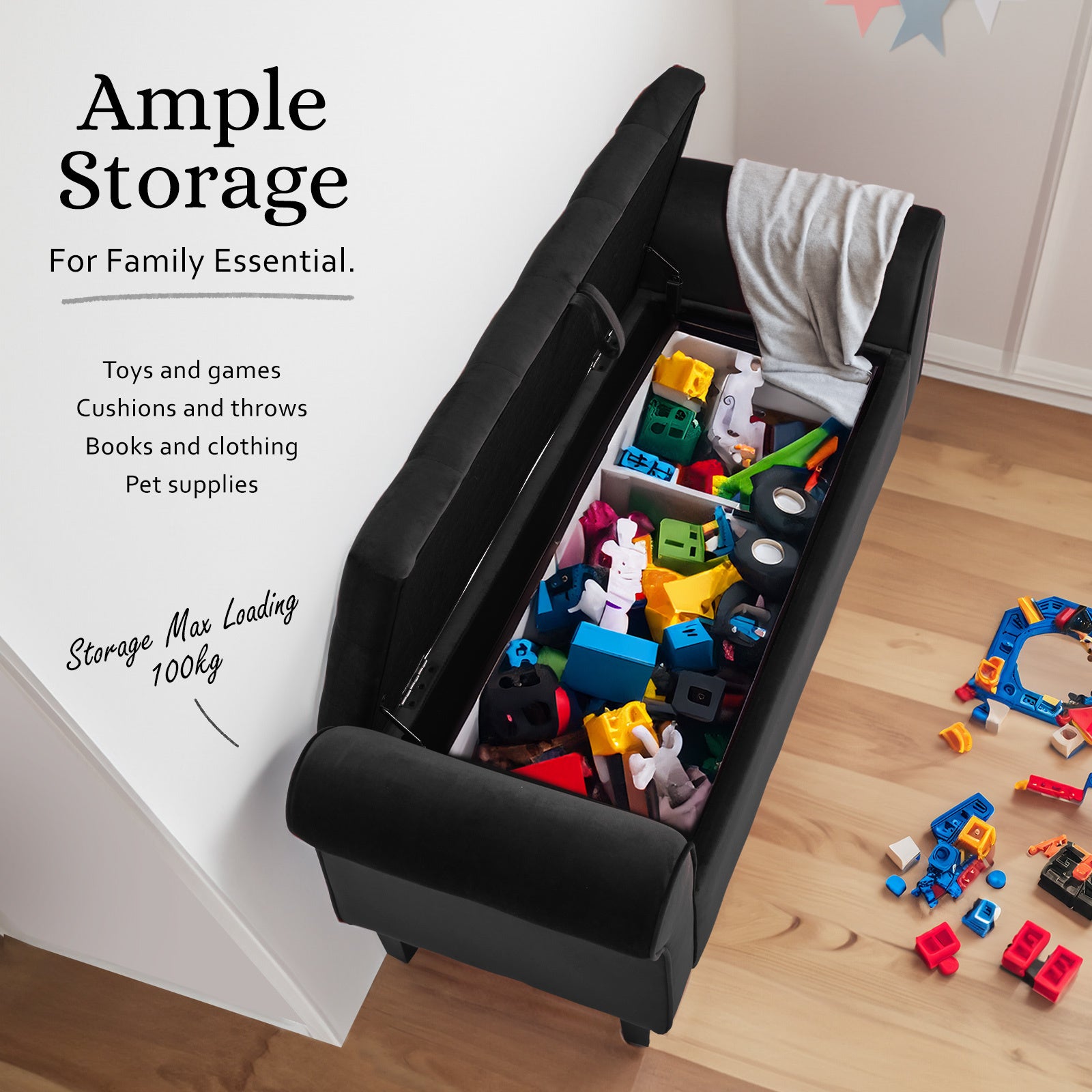 Storage Ottoman Stool Arm Bench Seat 132cm Velvet BLACK - TRENDZ