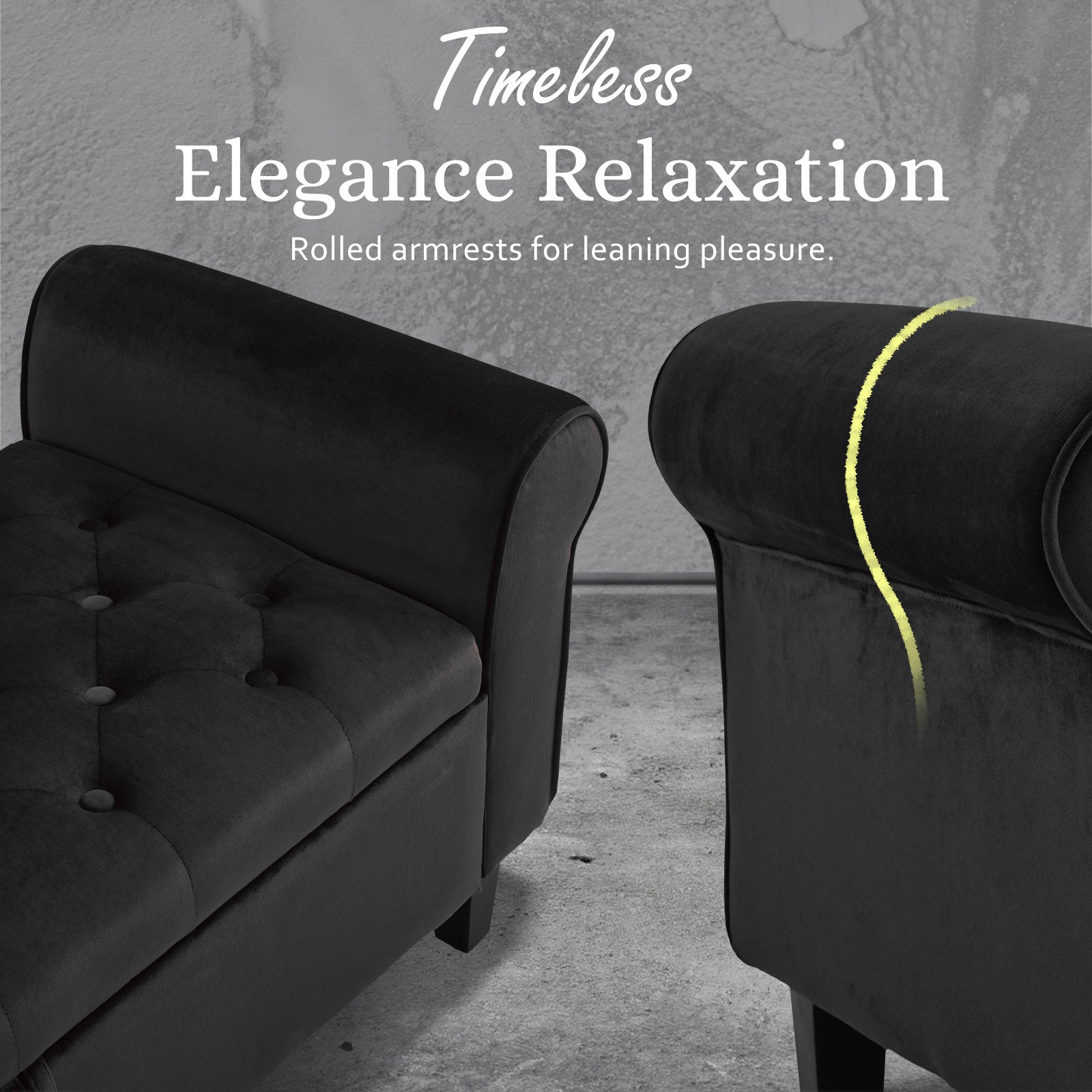 Storage Ottoman Stool Arm Bench Seat 132cm Velvet BLACK - TRENDZ