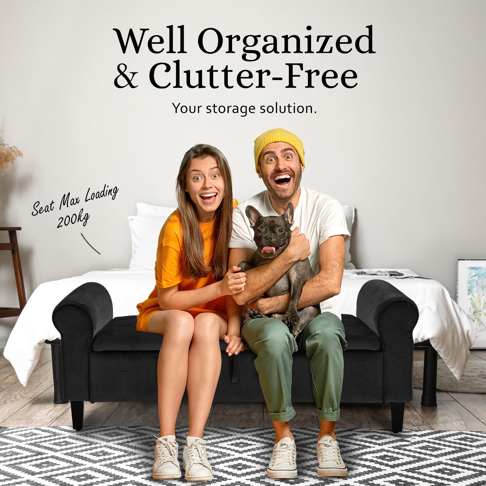 Storage Ottoman Stool Arm Bench Seat 132cm Velvet BLACK - TRENDZ