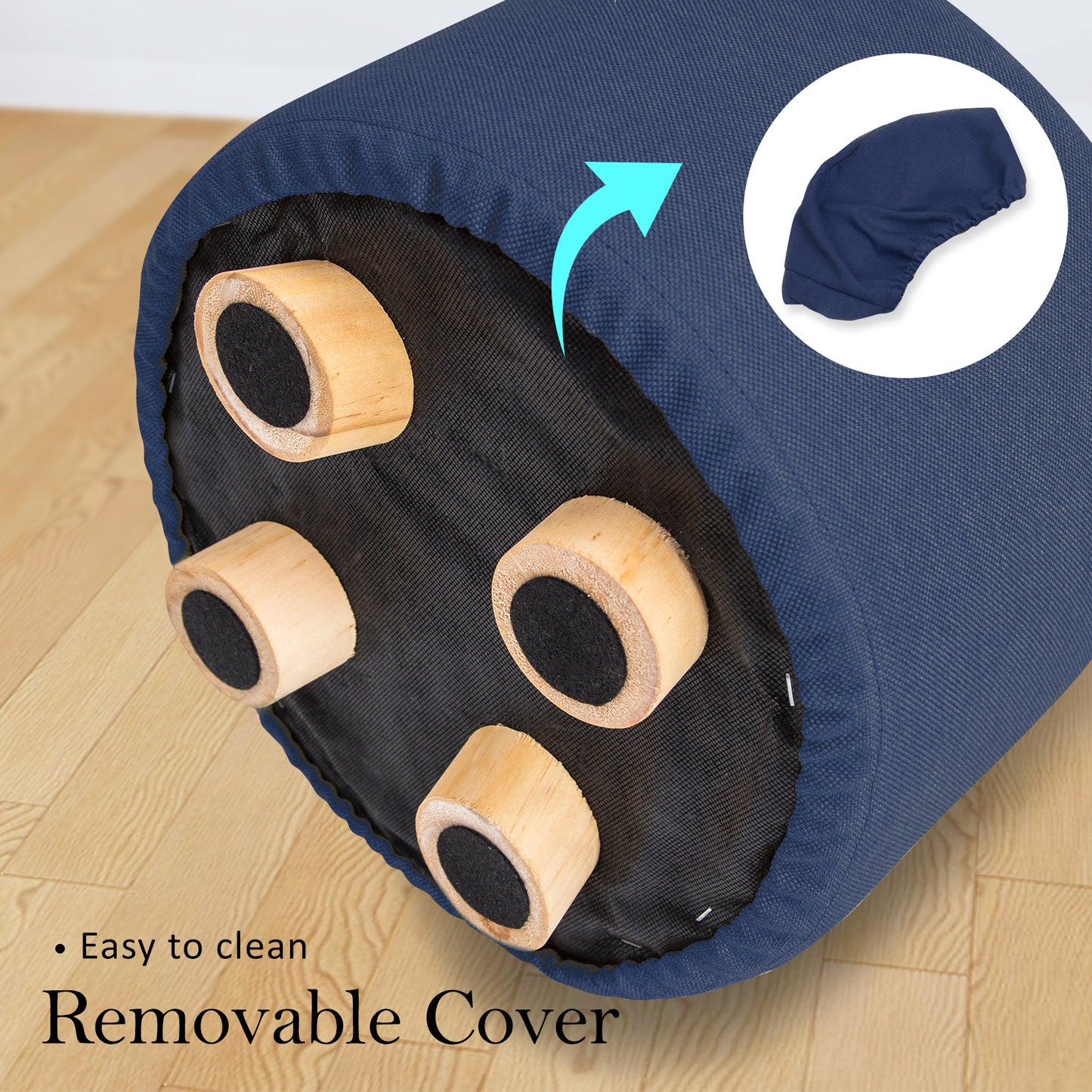 Fabric Ottoman Round Wooden Leg Foot Stool - DARK BLUE - TRENDZ