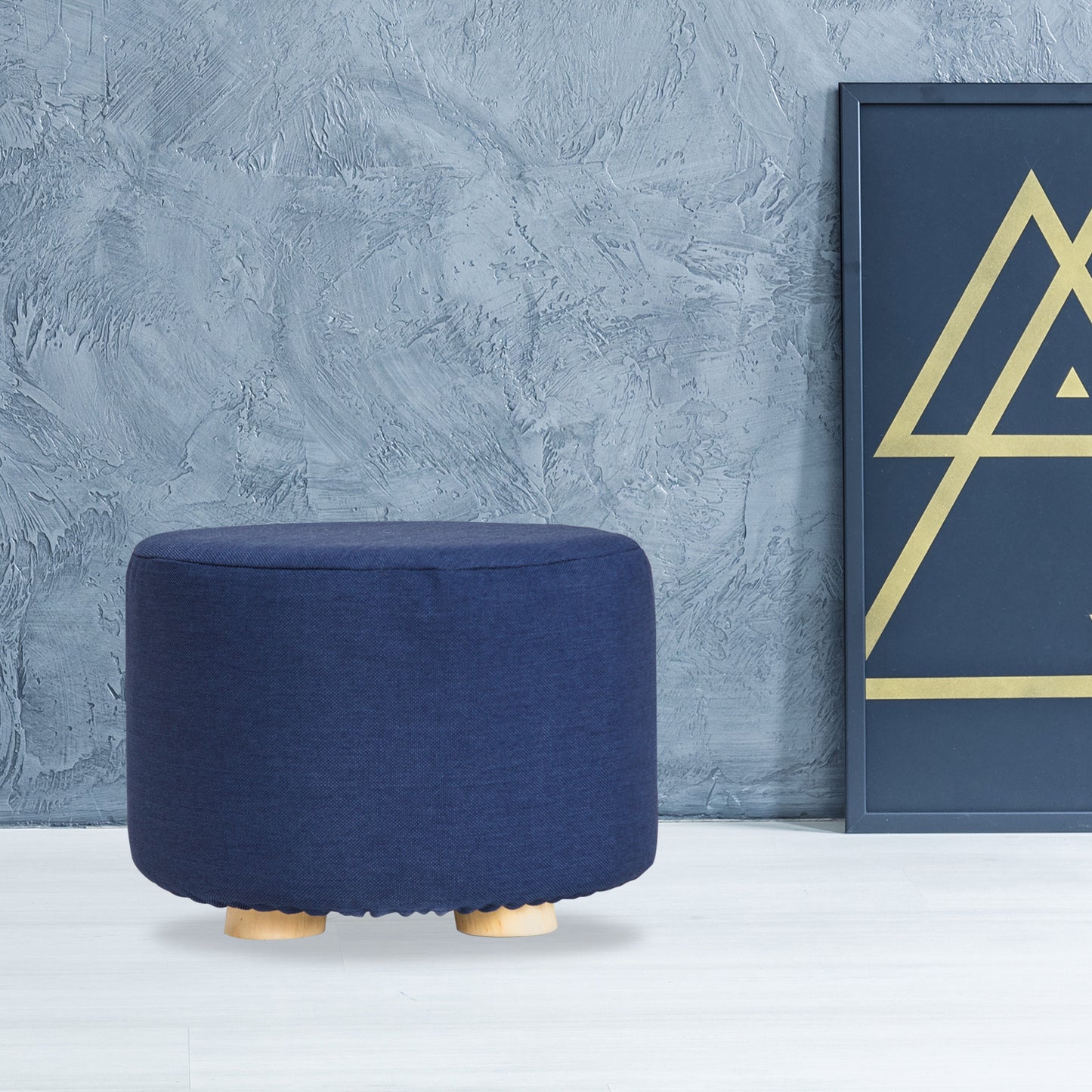 Fabric Ottoman Round Wooden Leg Foot Stool - DARK BLUE - TRENDZ