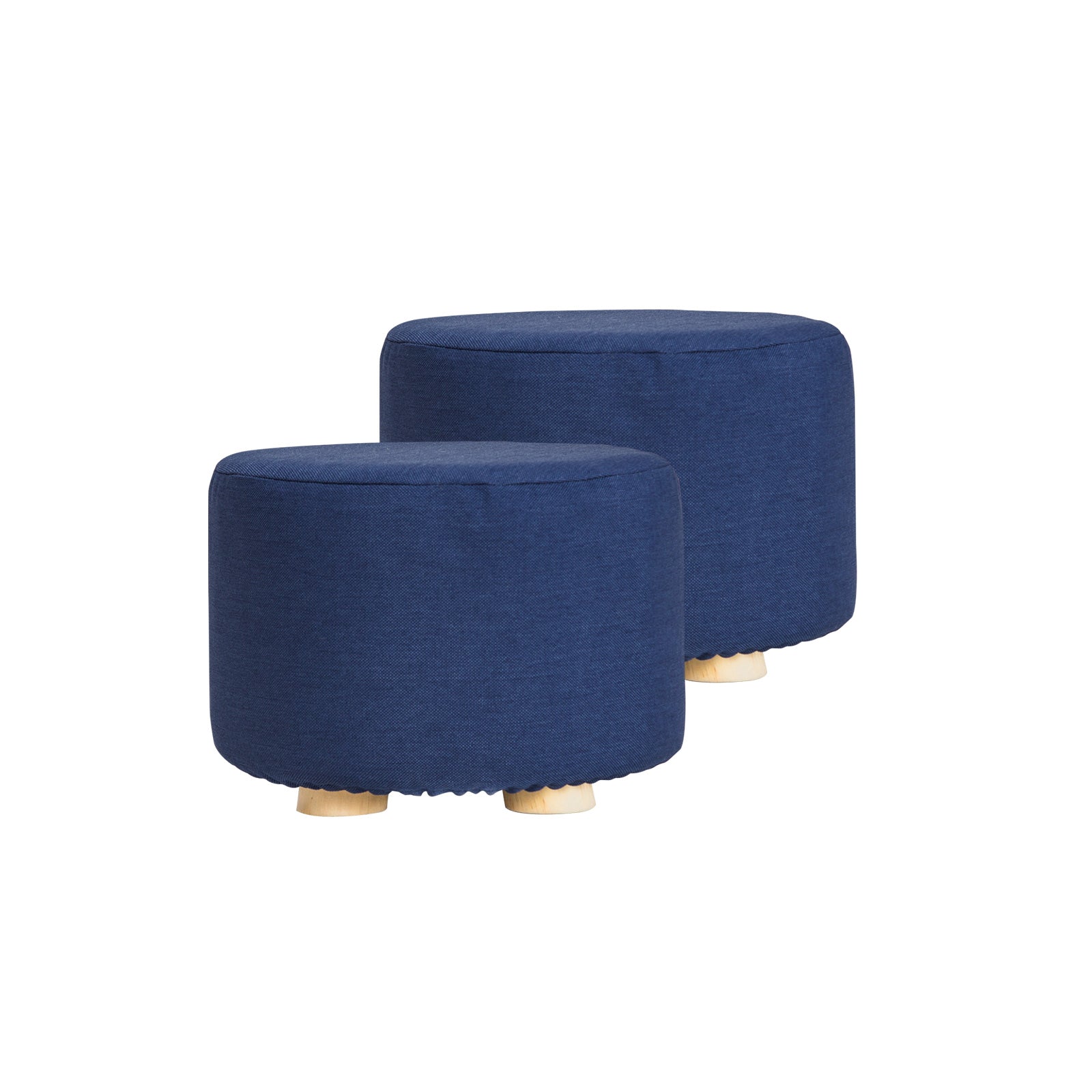 2X Fabric Ottoman Round Wooden Leg Foot Stool - DARK BLUE - TRENDZ