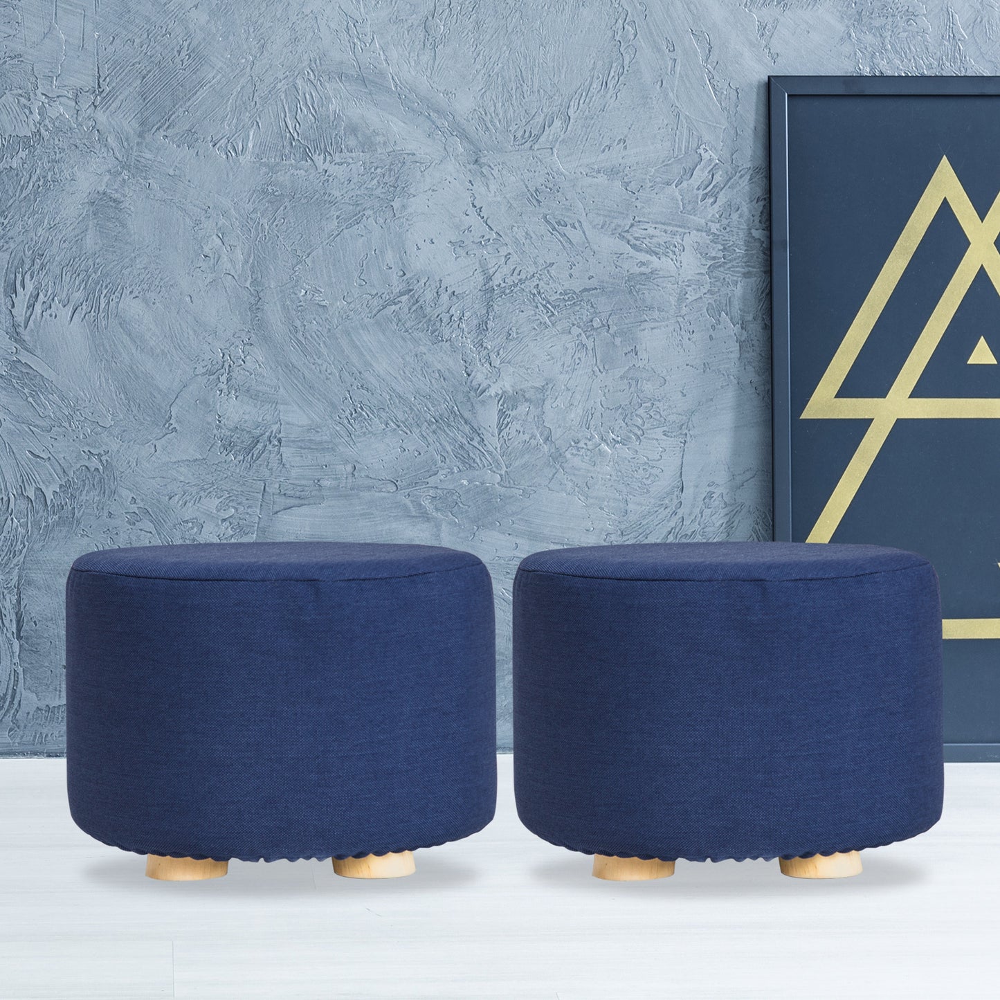 2X Fabric Ottoman Round Wooden Leg Foot Stool - DARK BLUE - TRENDZ