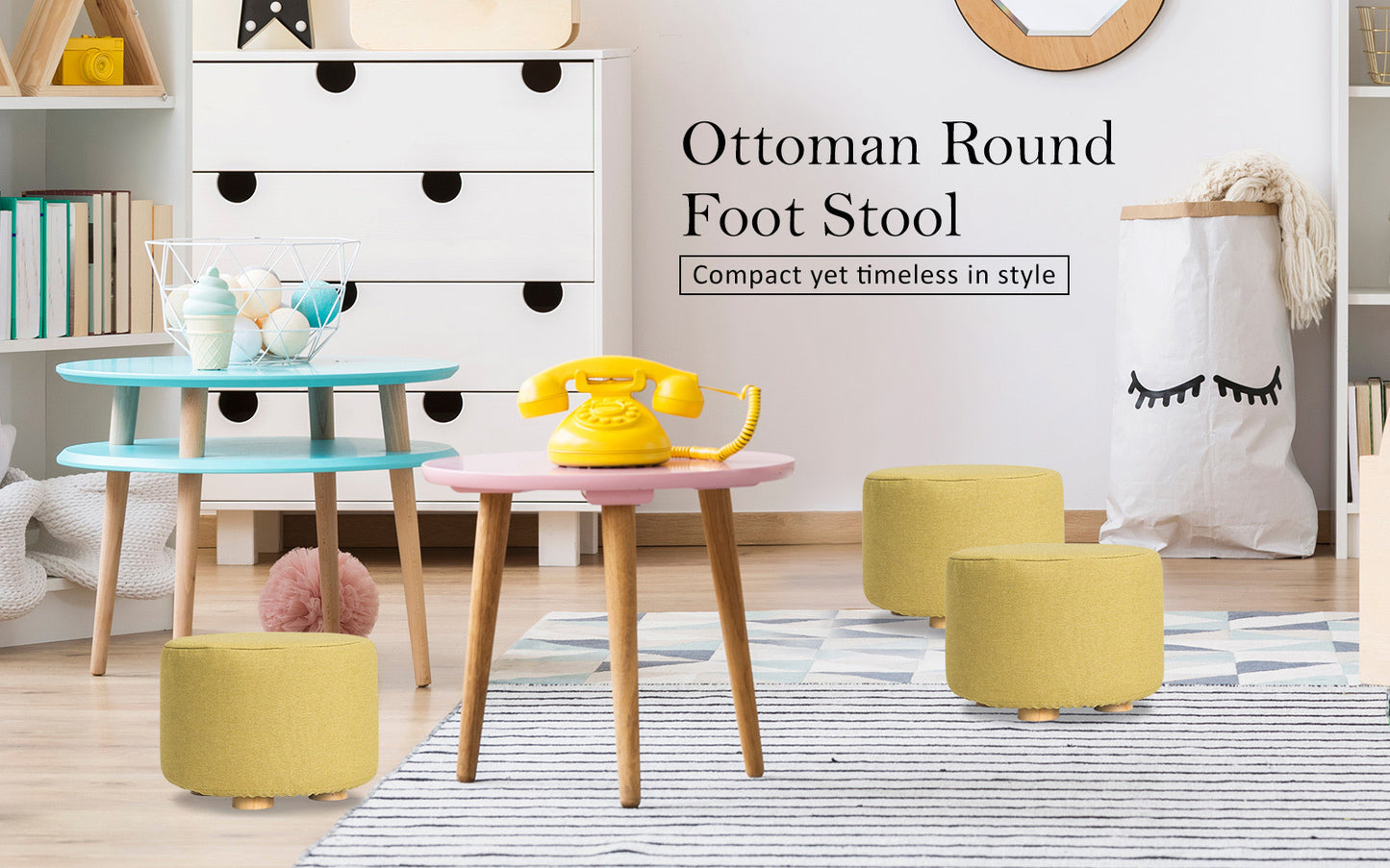 Fabric Ottoman Round Wooden Leg Foot Stool - MUSTARD YELLOW - TRENDZ