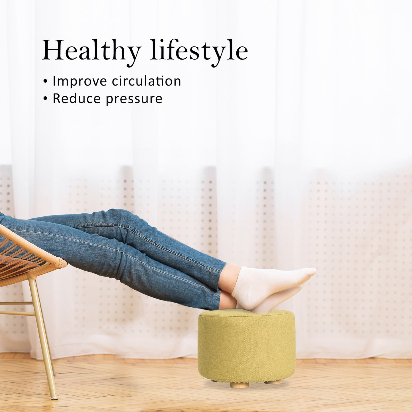 Fabric Ottoman Round Wooden Leg Foot Stool - MUSTARD YELLOW - TRENDZ