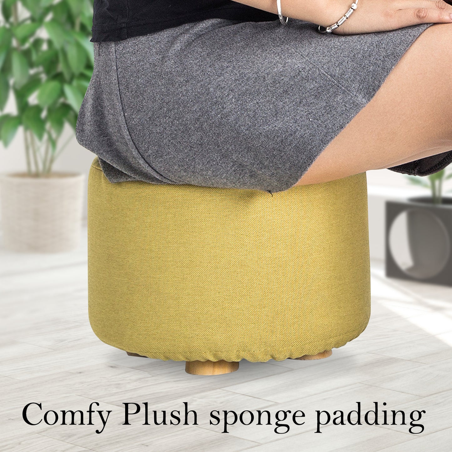 Fabric Ottoman Round Wooden Leg Foot Stool - MUSTARD YELLOW - TRENDZ