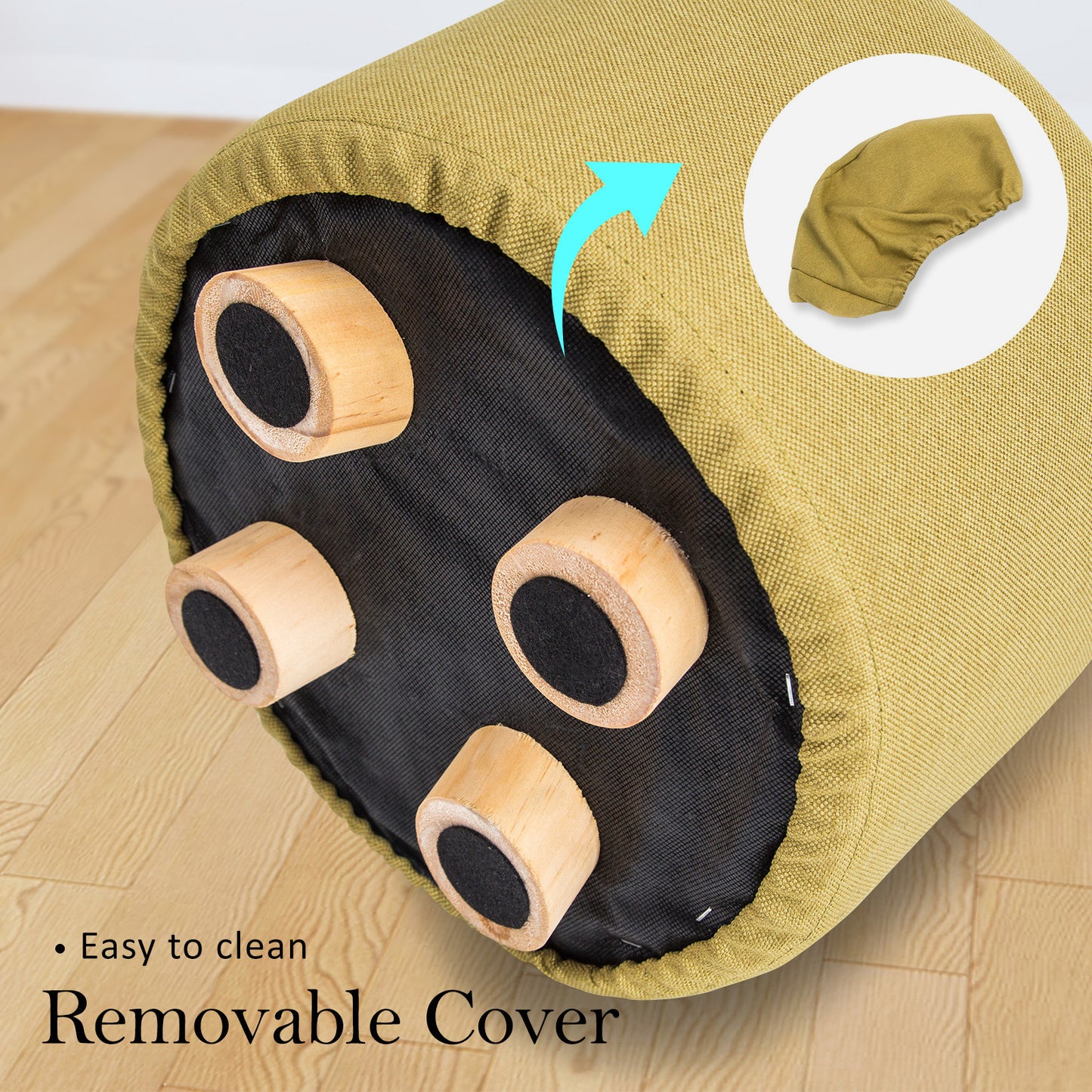 Fabric Ottoman Round Wooden Leg Foot Stool - MUSTARD YELLOW - TRENDZ