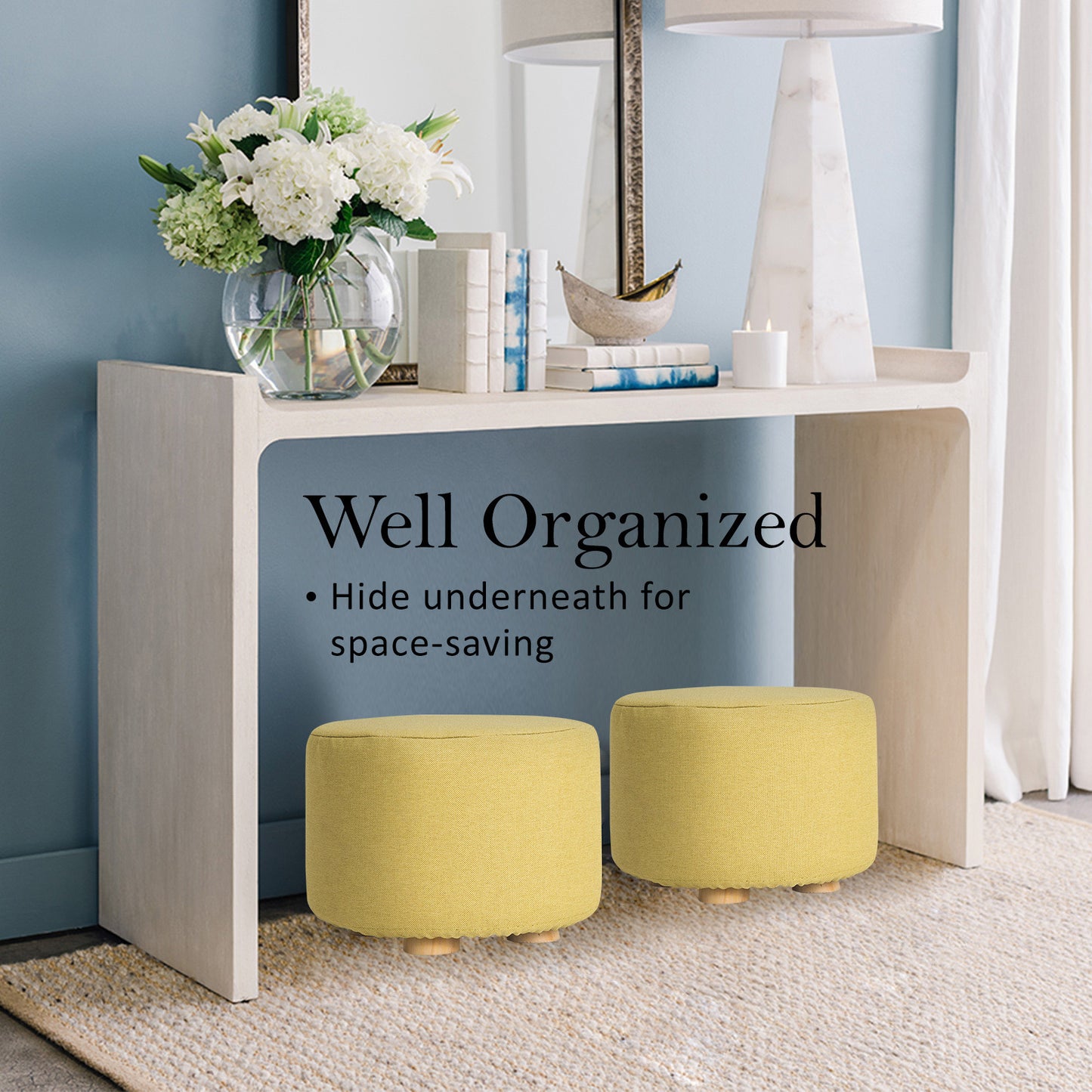 Fabric Ottoman Round Wooden Leg Foot Stool - MUSTARD YELLOW - TRENDZ