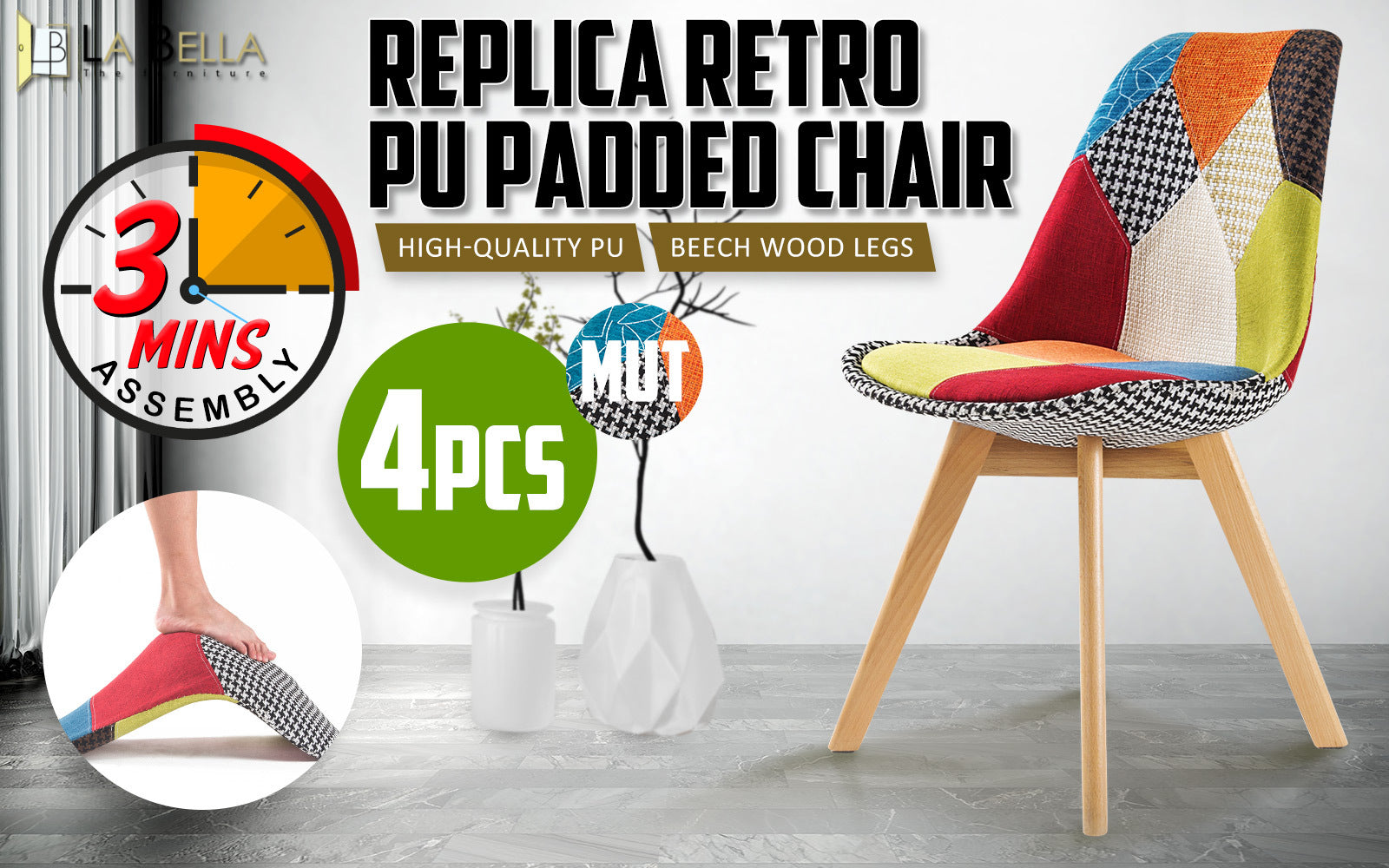 4X Retro Dining Cafe Chair Padded Seat MULTI COLOUR - TRENDZ