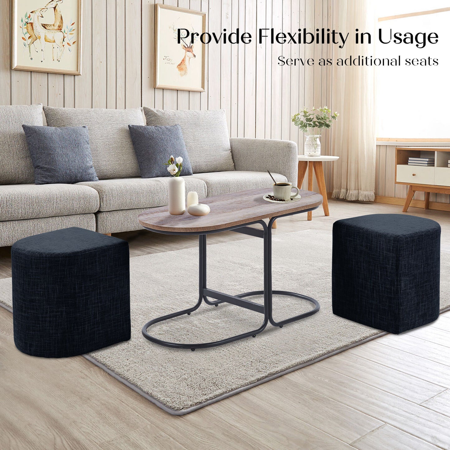 3 Piece Set Coffee Table & Ottoman Wood Side End Table Industrial - Black