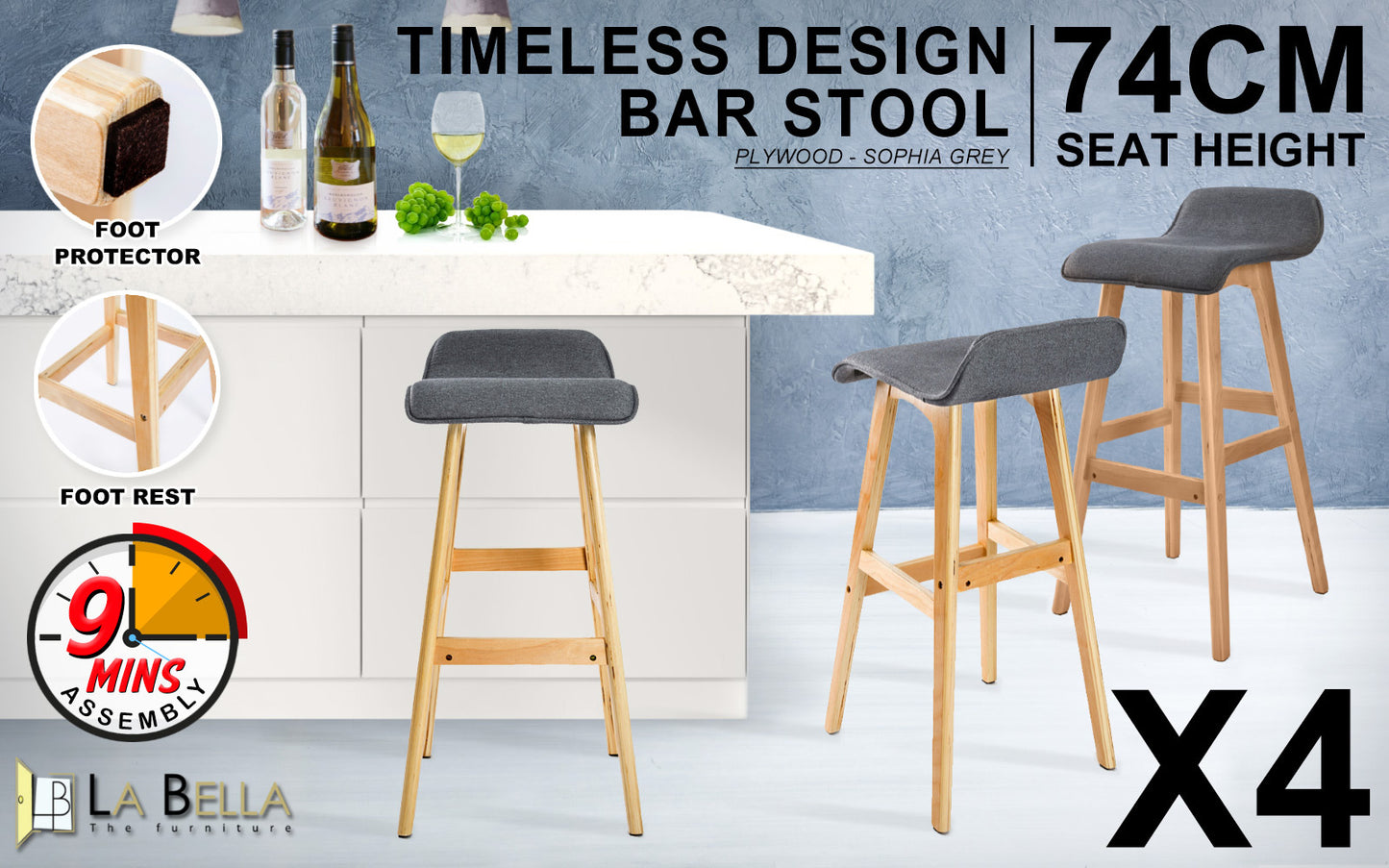 4X Wooden Bar Stool Dining Chair Fabric SOPHIA 74cm GREY - TRENDZ