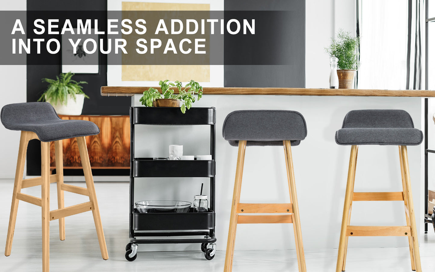 4X Wooden Bar Stool Dining Chair Fabric SOPHIA 74cm GREY - TRENDZ