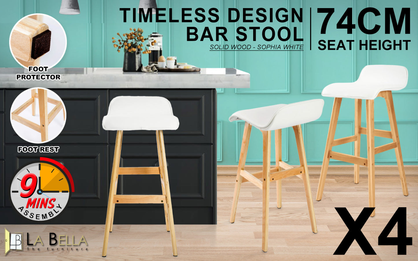 4X Wooden Bar Stool Dining Chair Leather SOPHIA 74cm WHITE - TRENDZ