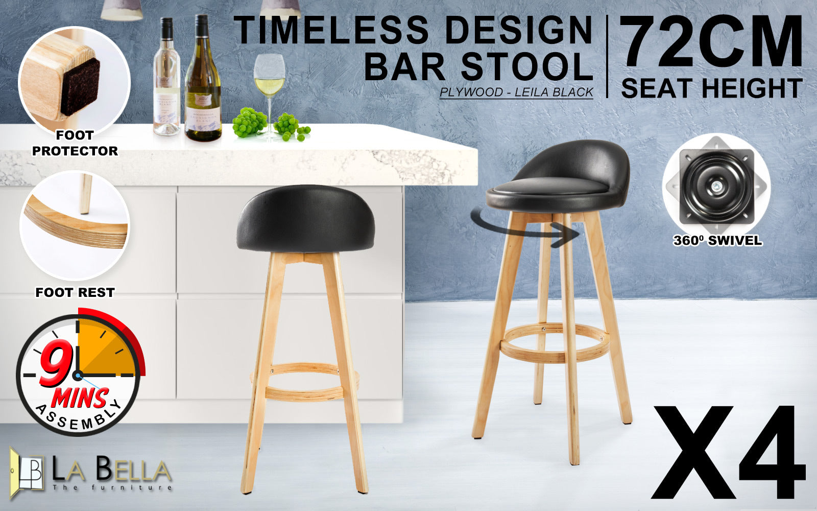4X Wooden Bar Stool Dining Chair Leather LEILA 72cm BLACK - TRENDZ