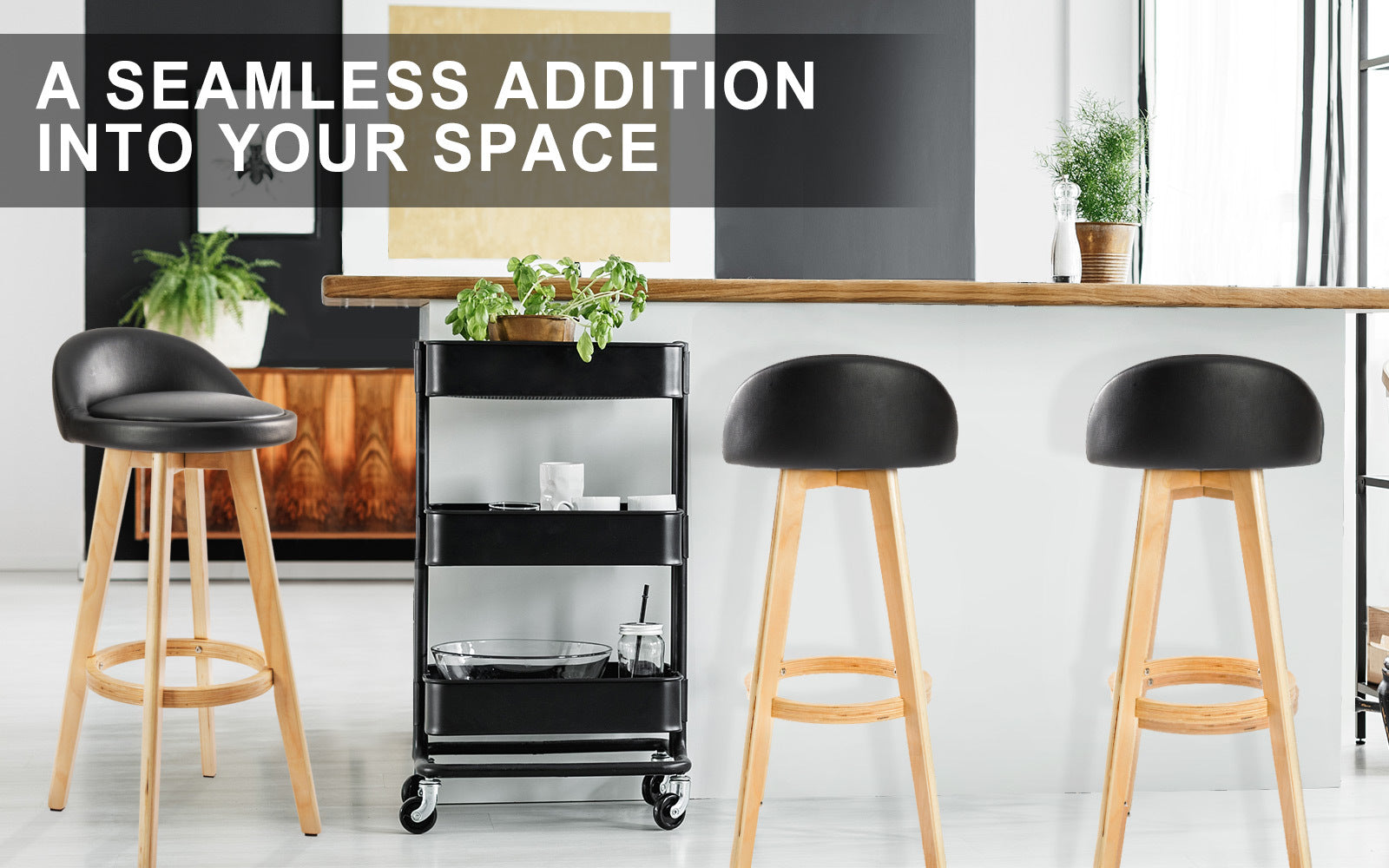 4X Wooden Bar Stool Dining Chair Leather LEILA 72cm BLACK - TRENDZ