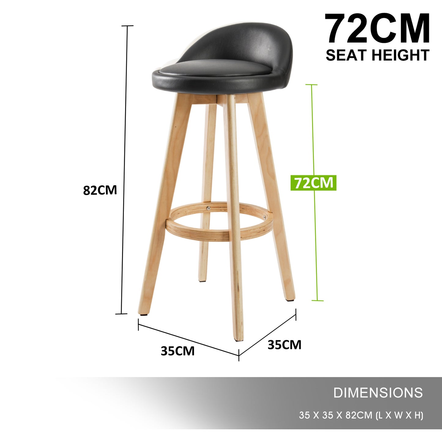 4X Wooden Bar Stool Dining Chair Leather LEILA 72cm BLACK - TRENDZ