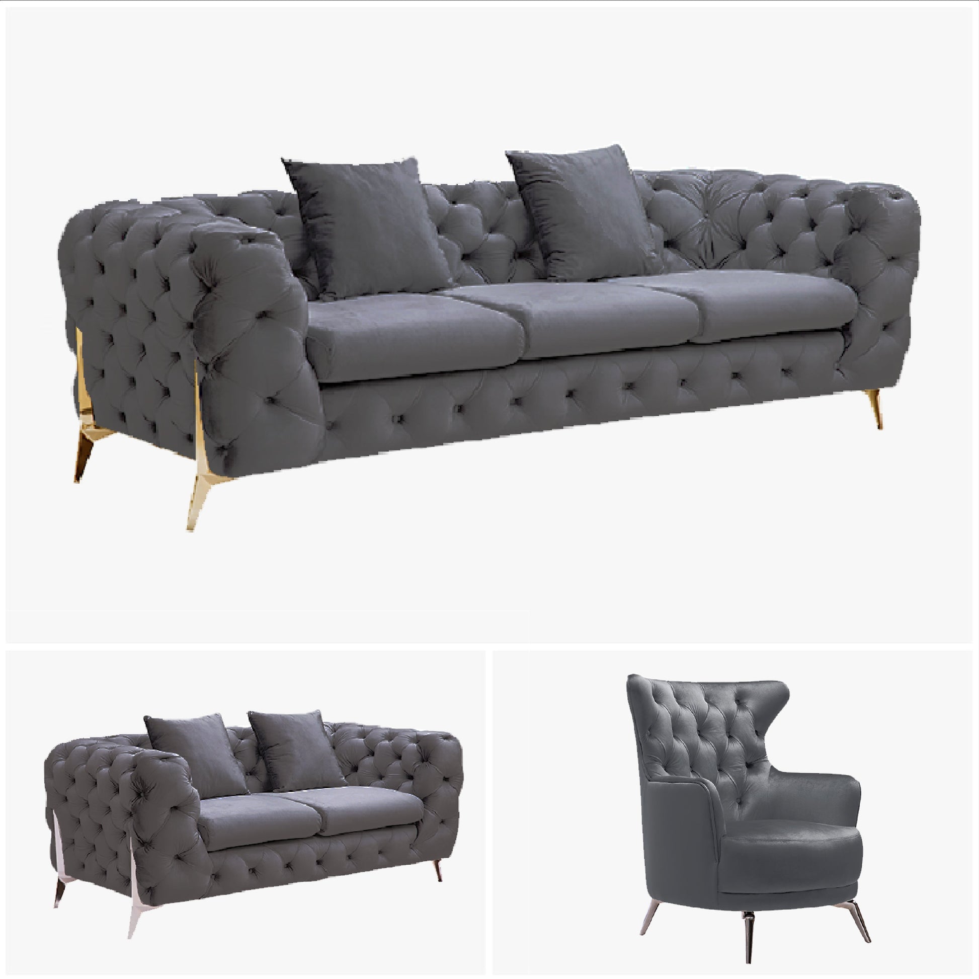 Grand Tufted Lounge - Dark Grey Velvet - Silver Legs - TRENDZ