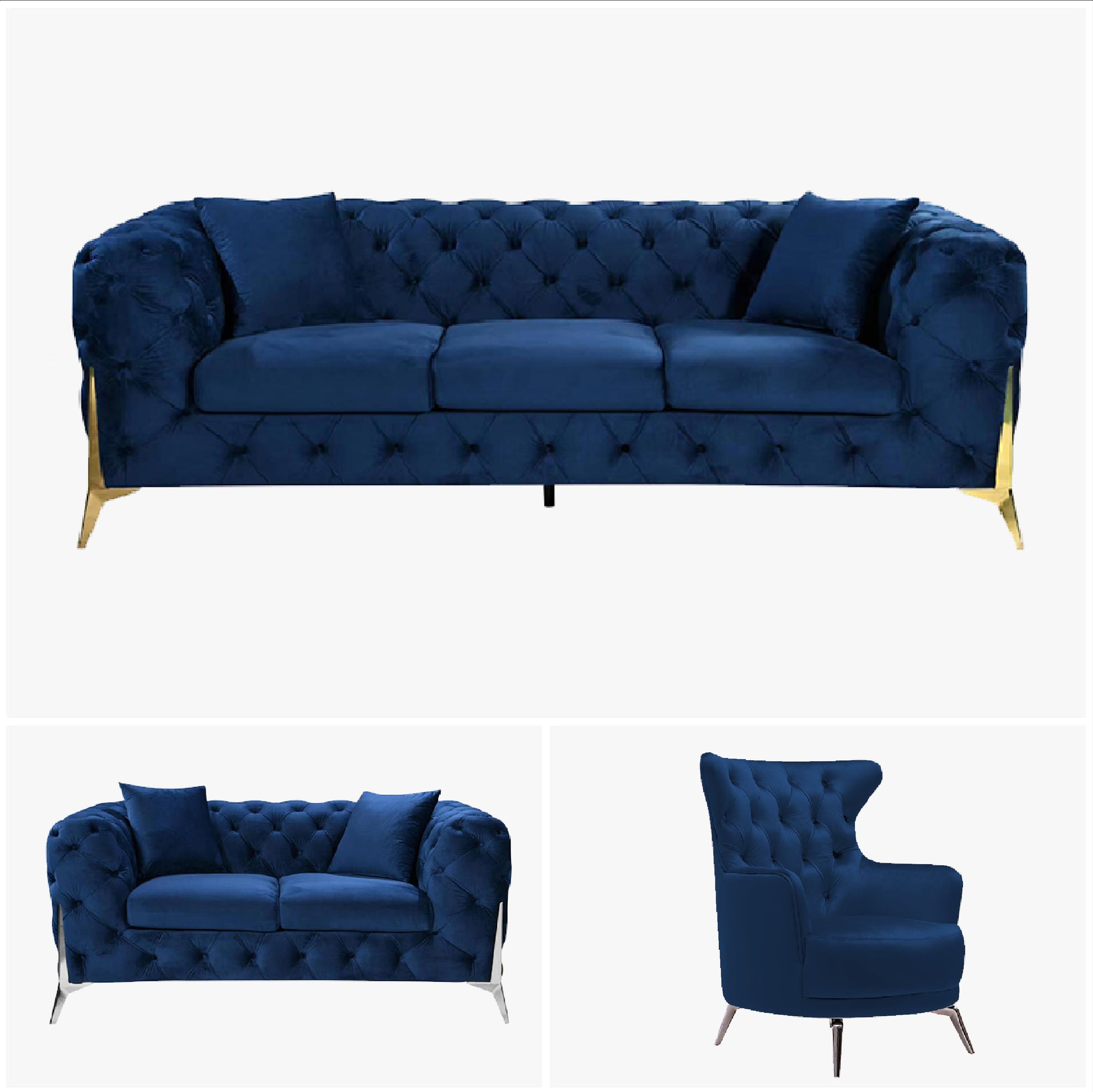 Grand Tufted Lounge - Blue Velvet - Silver Legs - TRENDZ