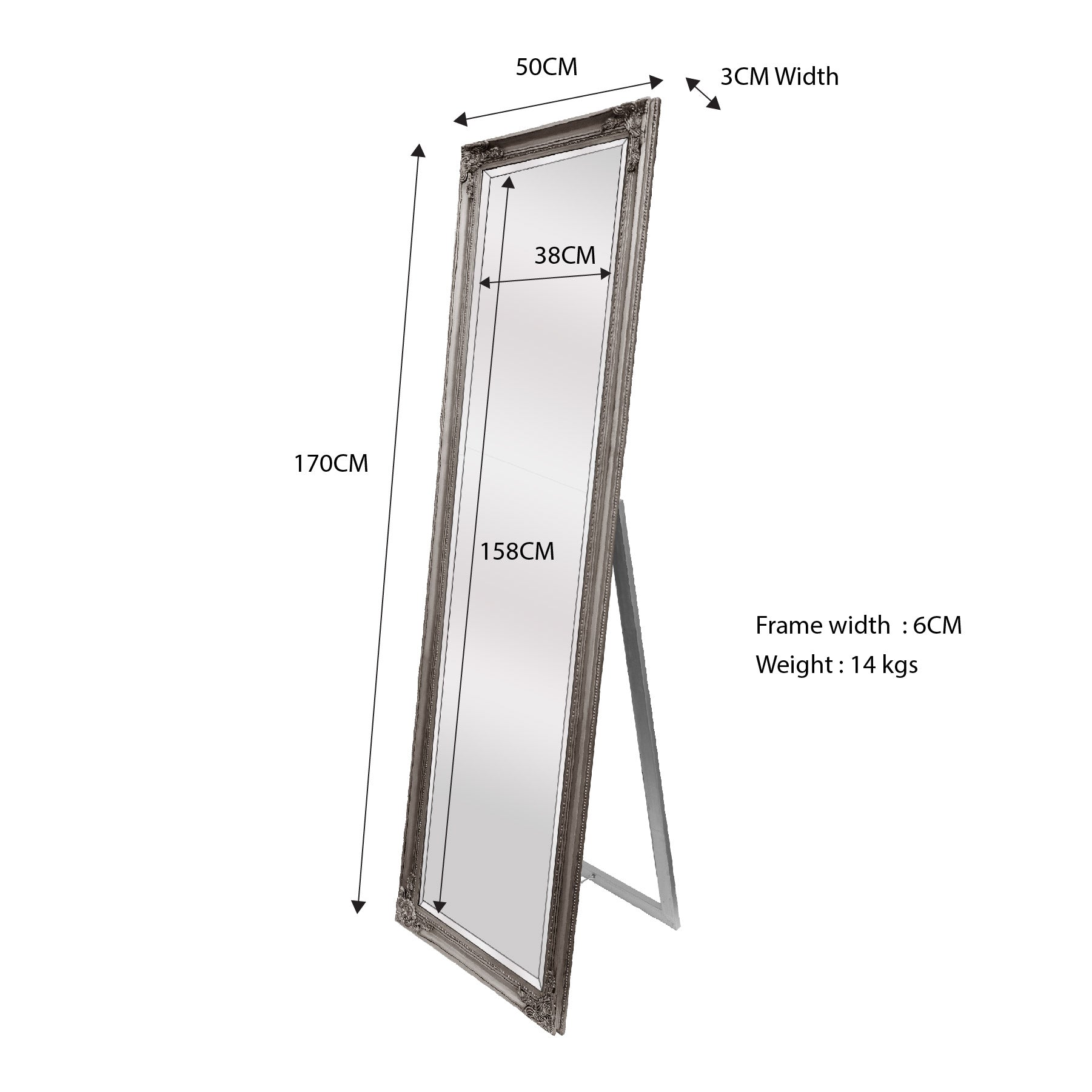 French Provincial Ornate Mirror - Antique Silver - Free Standing 50cm x 170cm - TRENDZ