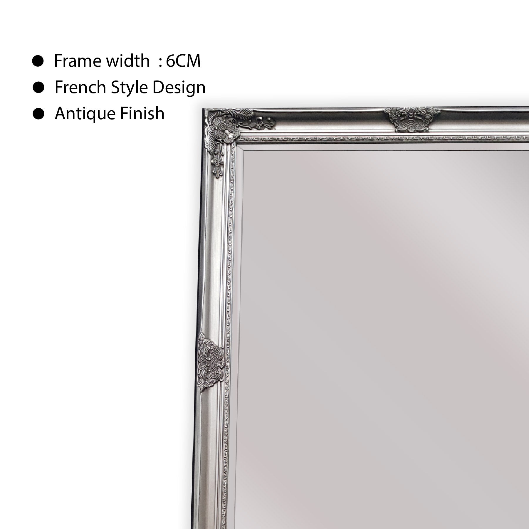 French Provincial Ornate Mirror - Antique Silver - Free Standing 50cm x 170cm - TRENDZ