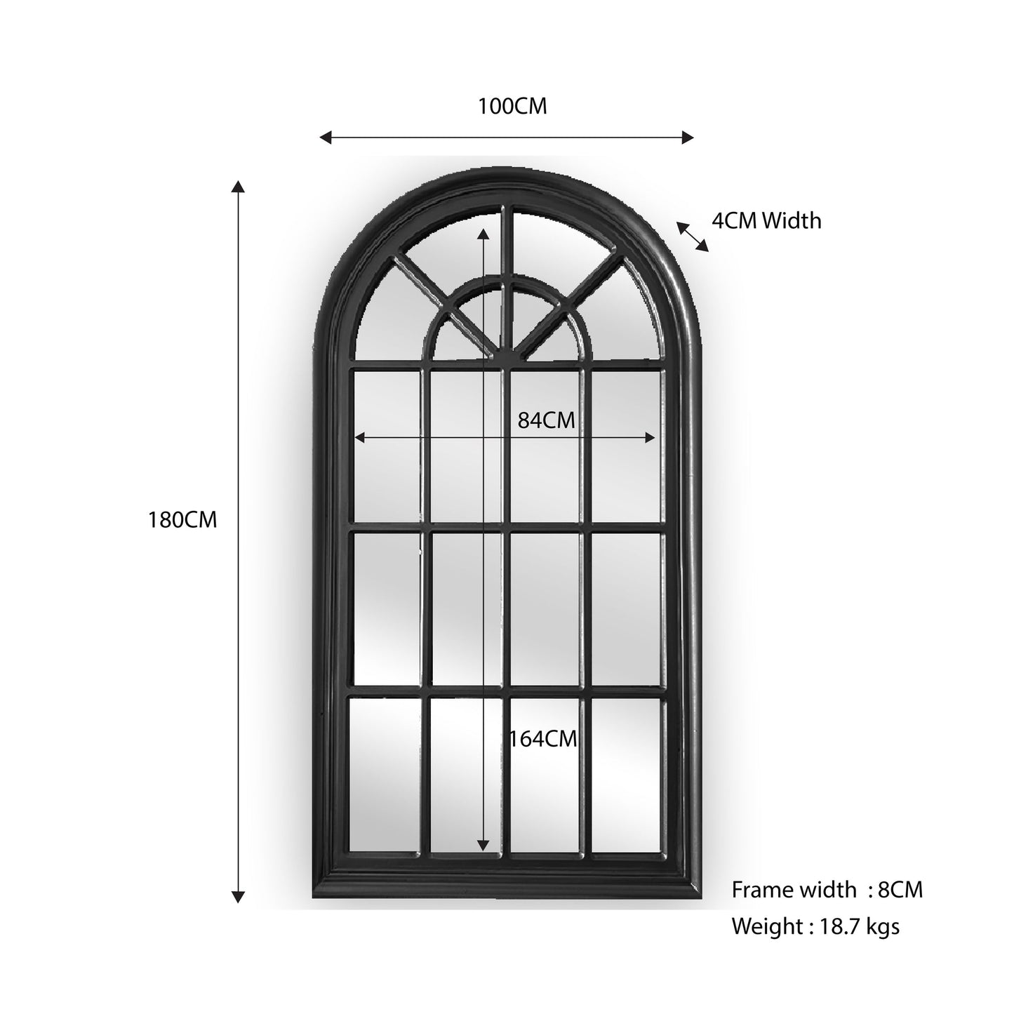 Window Style Mirror - Black Arch 70 CM x 130 CM - TRENDZ