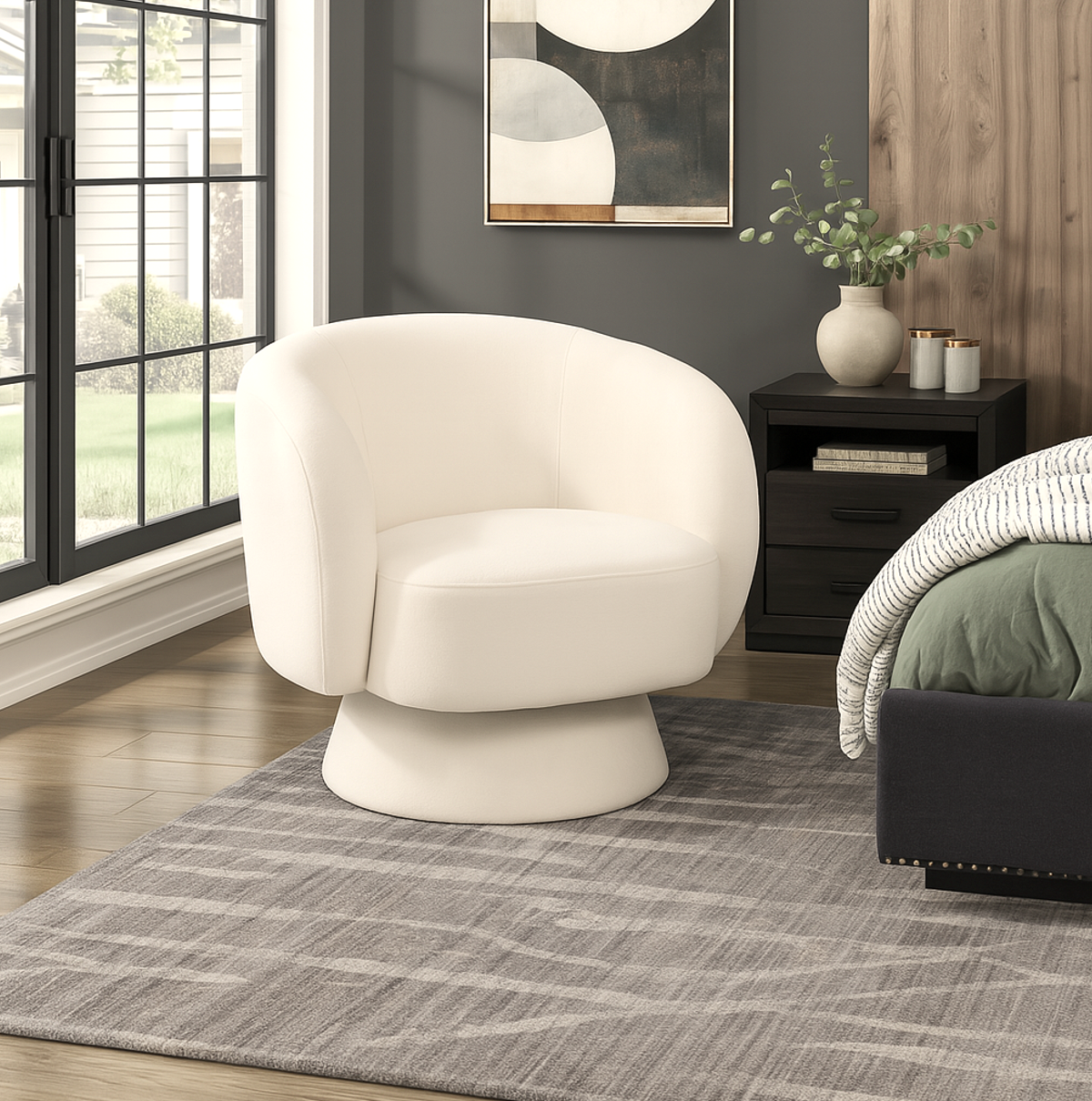 White swivel chair in a modern living room with a gray rug and a window in the background.