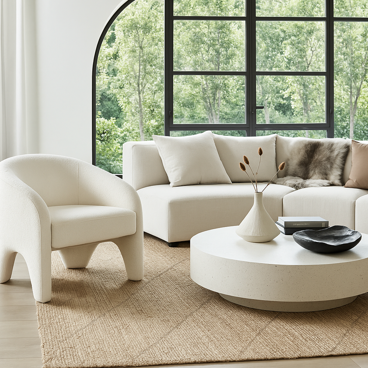 Nova Arc Armchair – White Textured Chenille