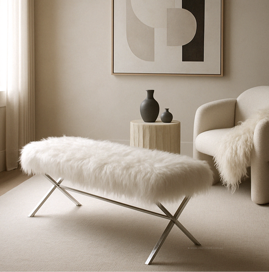 Interior Ave - Oxley Fur Bench - White & Silver - TRENDZ